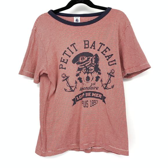 Petit Bateau Short Sleeve Crew Neck Graphic Tee Boys Sz 12 Red White Stripe - Picture 1 of 6
